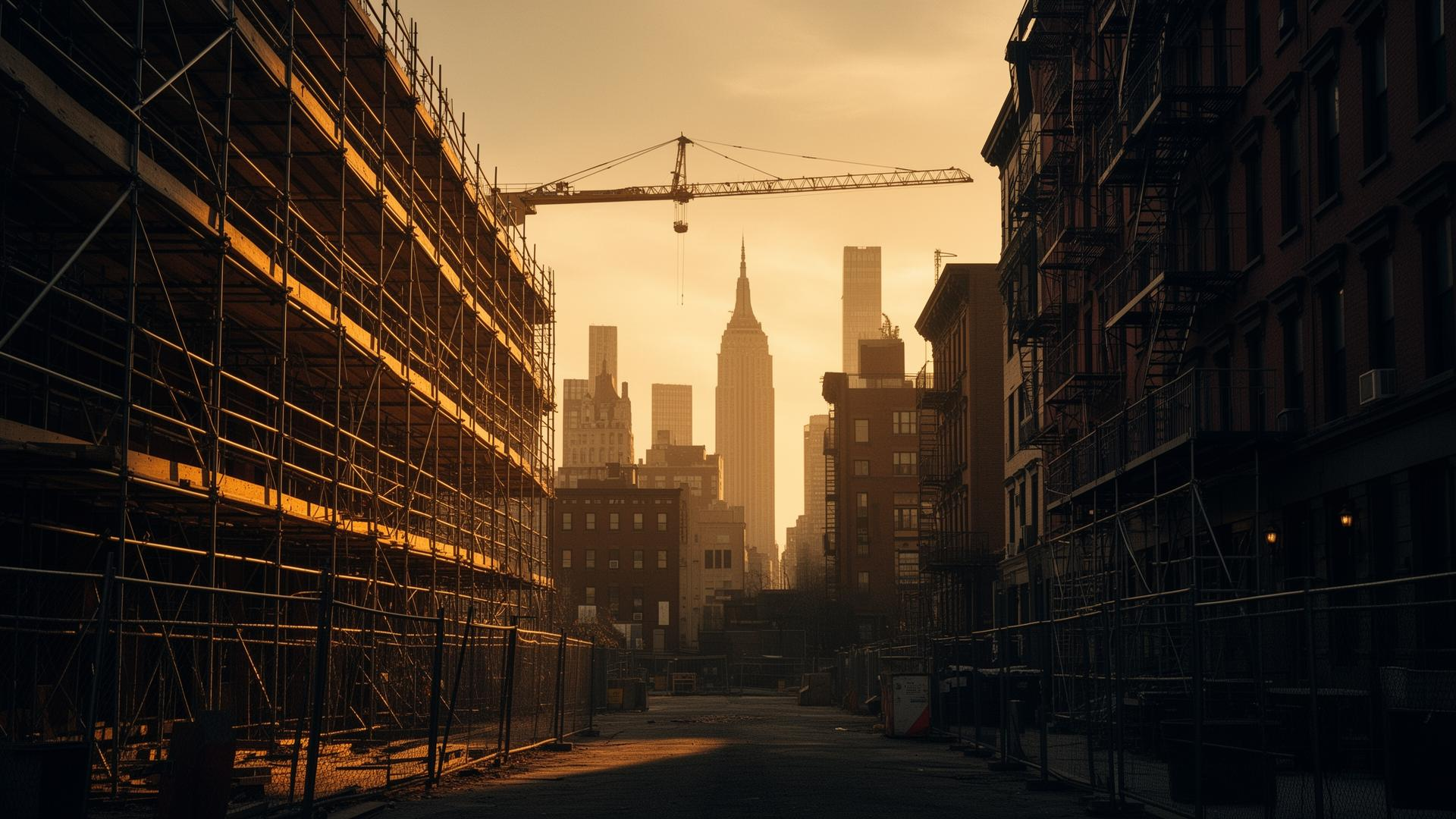 NYC construction site at golden hour with crane and Manhattan skyline